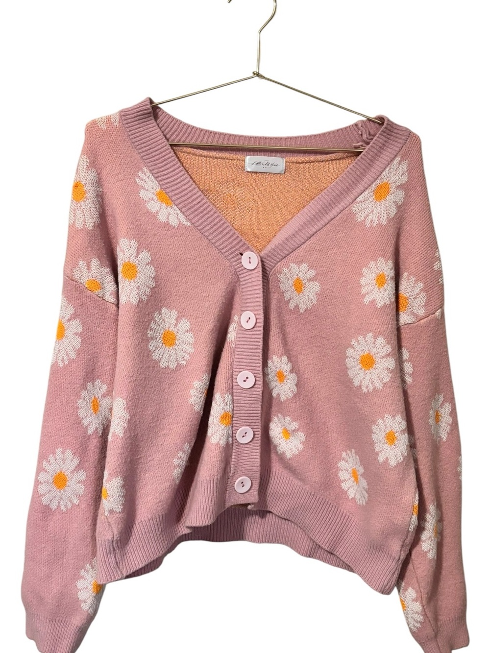 Pink Daisy V-Neck Button Cardigan Sweater